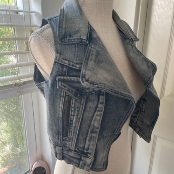 Chocolate USA | Y2K Distressed Blue Wash Denim Crop Vest Copper Zippers, Size S - Picture 2 of 10